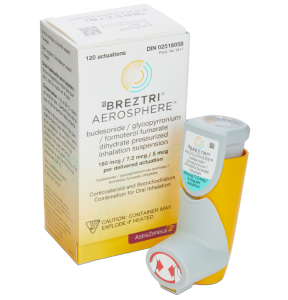 The BREZTRI AEROSPHERE inhaler and packaging