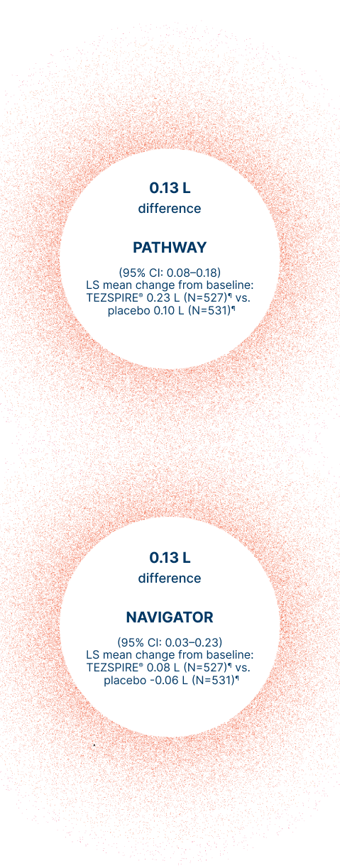 TEZSPIRE® provided clinically meaningful improvements in the mean change from baseline in FEV1 vs. placebo1