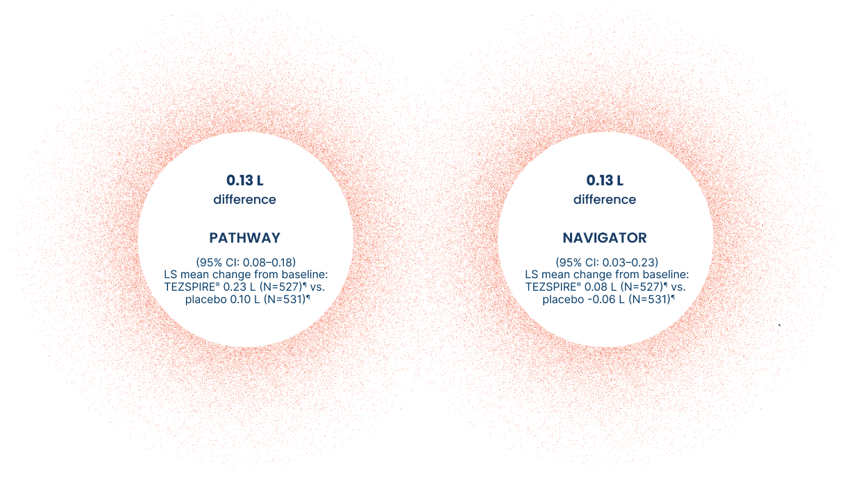 TEZSPIRE® provided clinically meaningful improvements in the mean change from baseline in FEV1 vs. placebo1